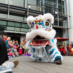 Dancing dragon in front of Ashfield Service Centre
